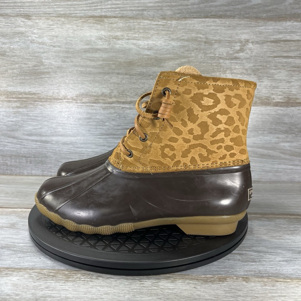 Sperry Women's Saltwater Suede Cheetah Print Waterproof Duck Boots Size 8
